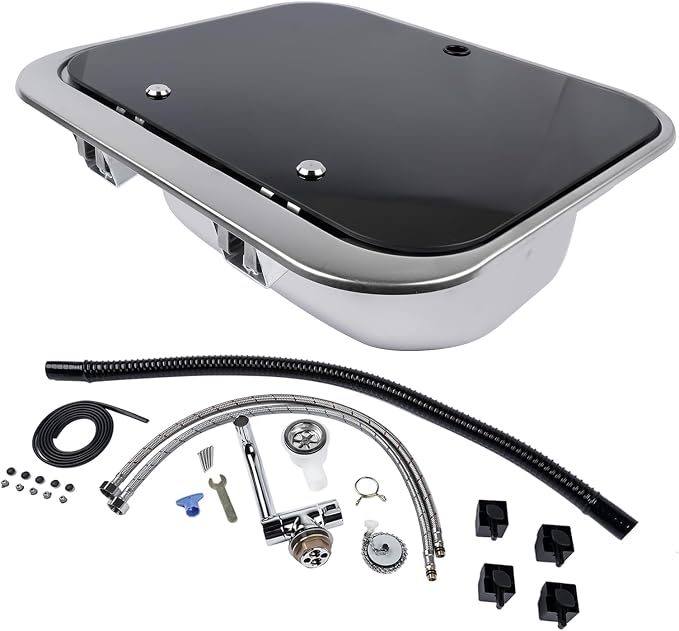 RV Sink Stainless Steel Hand Wash Basin with Folding Lid and Faucet | Tempered Glass Lid, Hot&Cold Faucet, Single Bowl Drop-In Basin Sink for RV Camper Caravan Boat Home, 16.5" x 14.3" x 6.3"