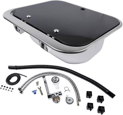 RV Sink Stainless Steel Hand Wash Basin with Folding Lid and Faucet | Tempered Glass Lid, Hot&Cold Faucet, Single Bowl Drop-In Basin Sink for RV Camper Caravan Boat Home, 16.5" x 14.3" x 6.3"