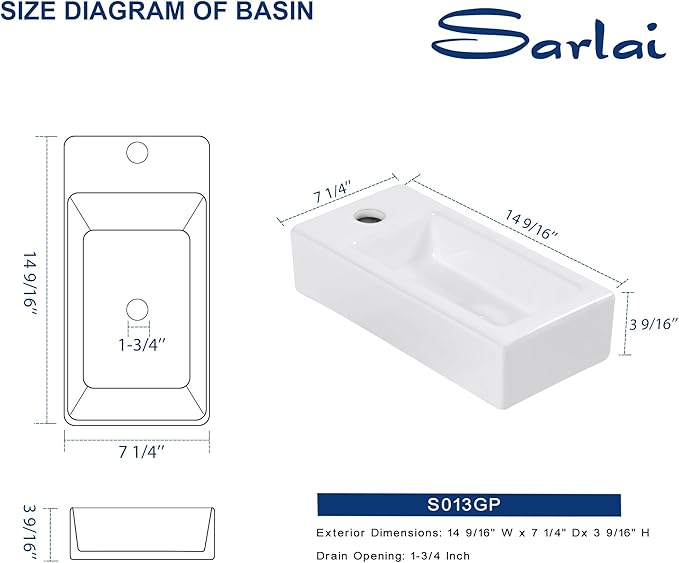 Sarlai Floating Vessel Sink - 15"x7" Wall Hang Small Bathroom Sinks Modern Rectangle Floating White Porcelain Ceramic Garden Wash Hand Sink, Left Hand