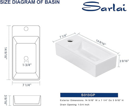 Sarlai Floating Vessel Sink - 15"x7" Wall Hang Small Bathroom Sinks Modern Rectangle Floating White Porcelain Ceramic Garden Wash Hand Sink, Left Hand