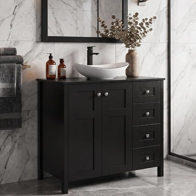32 Inch Bathroom Vanity with Sink, Traditional Freestanding Black Bathroom Vanity Cabinet with Four Drawers, Pedestal Cabinet with White Boat Ceramic Sink with Black Trim