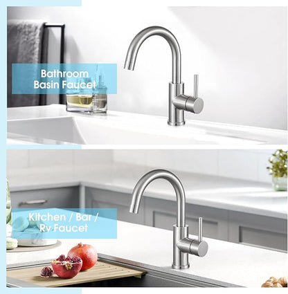 CREA Bar Sink Faucet, Bathroom Kitchen Faucet Brushed Nickel Pre Wet Small Mini Kitchen Bath Utility Marine Faucet Single Hole Stainless Steel Farmhouse Vanity Lavatory Faucets Outdoor