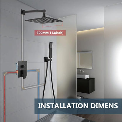Aolemi Shower Faucet Set with Valve Handheld 12" LED Head Matte Black | Handheld Spray,12 Inch Rain LED Head,Valve and Trim Kit,All Metal,Wall Mount Shower System,Bathroom Mixer