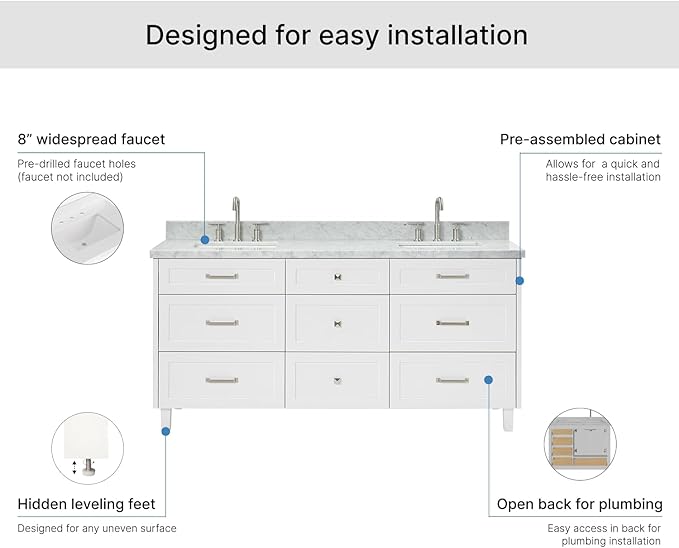 ARIEL Monroe 72-inch Bathroom Vanity with Sink,Solid Wood, 1.5-inch Italian Carrara Marble Countertop & Backsplash, Double Oval Porcelain Sink, 9 Dovetail Drawers, Brushed Nickel, White
