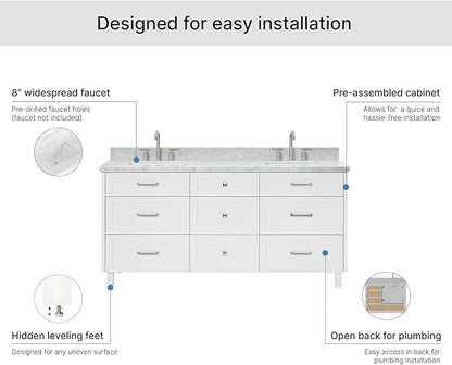 ARIEL Monroe 72-inch Bathroom Vanity with Sink,Solid Wood, 1.5-inch Italian Carrara Marble Countertop & Backsplash, Double Oval Porcelain Sink, 9 Dovetail Drawers, Brushed Nickel, White