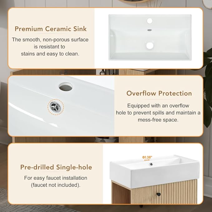 22" Small Bathroom Vanity with Sink, Floating Vanity for Bathrooms with Soft-Close Door and Open Shelf, Wall Mounted Narrow Bathroom Vanities for Compact Bathrooms (Wood,22" Floating Left Shelf)