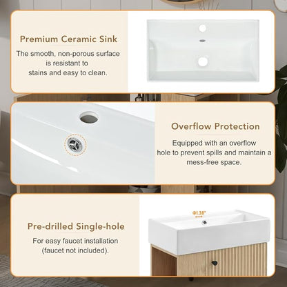 22" Small Bathroom Vanity with Sink, Floating Vanity for Bathrooms with Soft-Close Door and Open Shelf, Wall Mounted Narrow Bathroom Vanities for Compact Bathrooms (Wood,22" Floating Left Shelf)