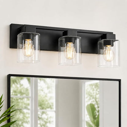 21.6 Inch Bathroom Light Fixtures, with Clear Glass Shade | 3-Light Matte Black Bathroom Lighting Fixtures Over Mirror, Modern Wall Light, bathroom vanity light E26 Socket, ETL