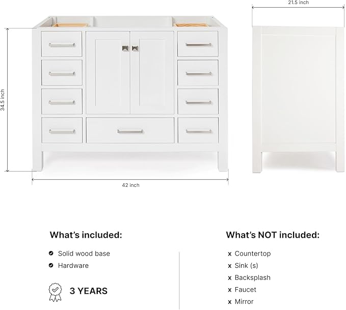 ARIEL Cambridge 42-inch Bathroom Vanity Base Cabinet,Solid Wood, 2 Soft Closing Doors, 9 Dovetail Drawers, White