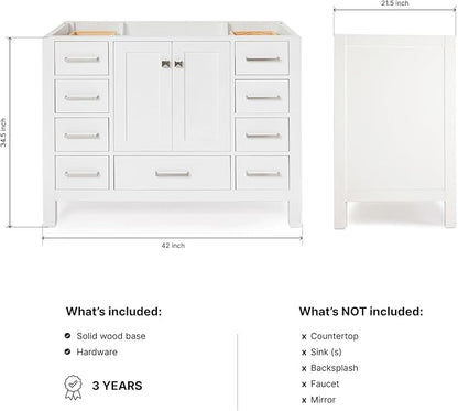 ARIEL Cambridge 42-inch Bathroom Vanity Base Cabinet,Solid Wood, 2 Soft Closing Doors, 9 Dovetail Drawers, White