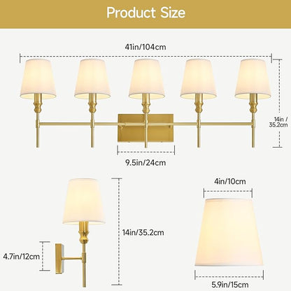 5-light Bathroom Vanity Light,41 IN Vintage Brass Bathroom Light Fixtures Over Mirror,Wall Lamps For Bedroom With Flared White Fabric Lampshade For Living Room,Foyer,Hallway,Hardwired,E12 Base