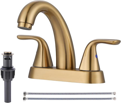 Brushed Gold Bathroom Sink Faucet: ALEASHA 4 Inch Centerset Bathroom Faucet, 2 Handles Washroom Sink Faucets with Pop Up Drain Stopper, RV Lavatory Vanity Faucets with Aesthetic Appeal