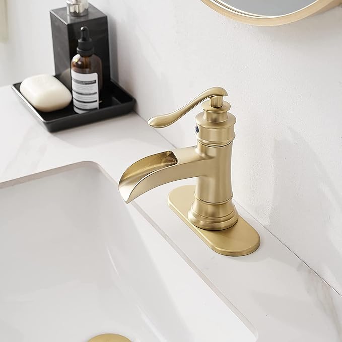 Gold Bathroom Faucet Waterfall Bathroom Sink Faucets Brass with Pop Up Drain Stopper Single-Handle 1 Hole Faucet