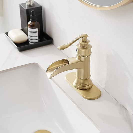 Gold Bathroom Faucet Waterfall Bathroom Sink Faucets Brass with Pop Up Drain Stopper Single-Handle 1 Hole Faucet