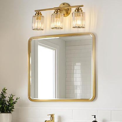 Modern 20.9" Crystal Vanity Light, 3 Light Bathroom Vanity Light, Gold Vanity Light with Clear Crystal Shades, E26 Base Wall Sconces Over Mirror for Bathroom, Bedroom, Hallway