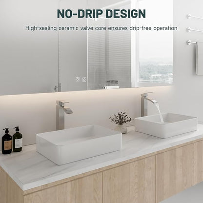 Brushed Nickel Vessel Sink Faucet, Waterfall Bathroom Faucets | Brass, Tall Spout, Single Handle 1 Hole Bathroom Faucet, Modern Basin Taps with Supply Line, Pop Up Drain, Without Overflow