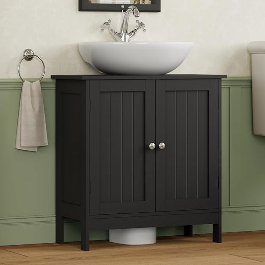 Iwell Pedestal Sink Storage Cabinet with 2 Doors and Shelf, Under Sink Cabinet, Bathroom Sink Cabinet with U-Shape, Black