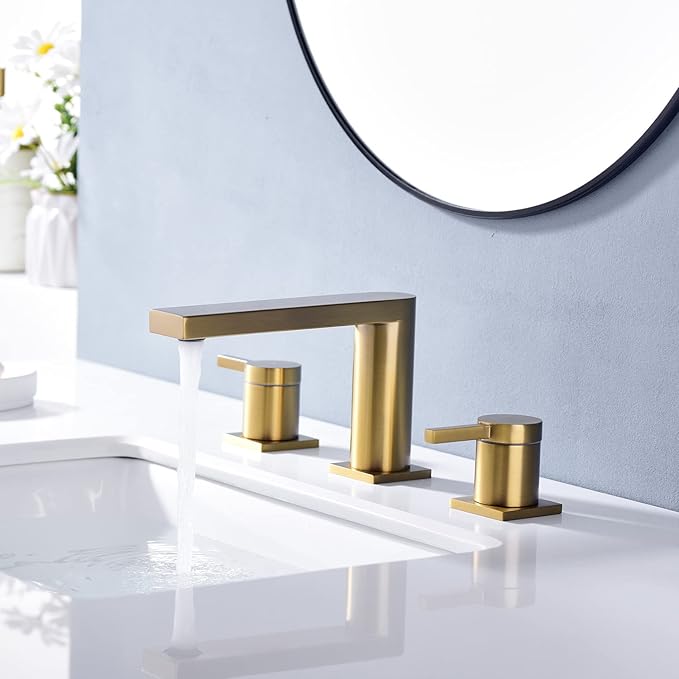 Luxury Brass Widespread Bathroom Sink Faucets for 3 Hole 2-Handle 8 Inch Deck Vanity Faucet & Stainless Steel Pop-up Drain Assembly, Brushed Brass Gold