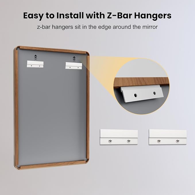 LOAAO 30X36 Inch Bathroom Mirror with Wood Grain Colored Metal Frame | Rounded Rectangle Metal Framed, Anti-Rust, Hangs Horizontally or Vertically, Tempered Glass