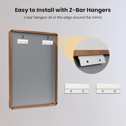LOAAO 30X36 Inch Bathroom Mirror with Wood Grain Colored Metal Frame | Rounded Rectangle Metal Framed, Anti-Rust, Hangs Horizontally or Vertically, Tempered Glass