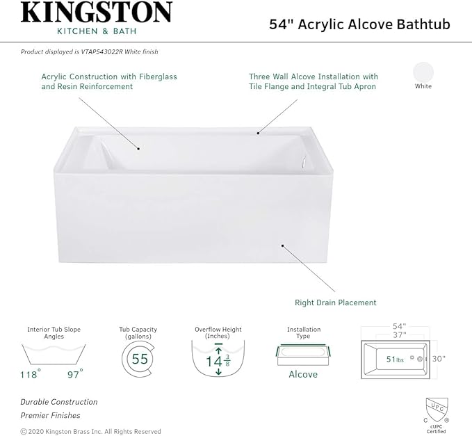 Kingston Brass VTAP543022R Aqua Eden Alcove Tub, White