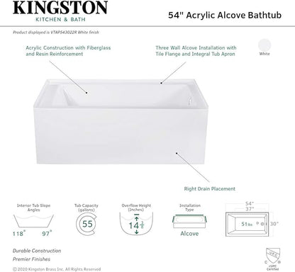 Kingston Brass VTAP543022R Aqua Eden Alcove Tub, White