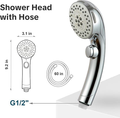 OFFO Shower Head with Hose, 5 Mode Handheld Shower Head with On Off Switch for Water Saving, High Flow Powerful Boosting Showerheads with 60" Stainless Steel Hose, Chrome