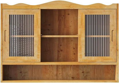 KEIKI 35.4" L Wall Mounted Kitchen Sideboard Cabinet with 2 Sliding Glass Door, 3 Layers Shelves, Retro Storage Buffet Medicine Cabinet for Bathroom, Dining Rooms, Entryway, Solid Wood, Natural