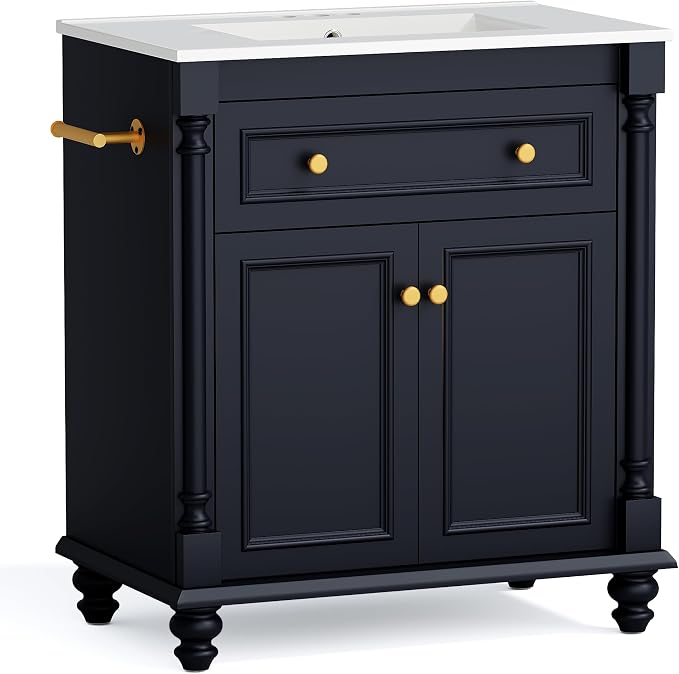 YESHOMY 30" Bathroom Vanity with Sink, Bathroom Storage Cabinet | Bathroom Vanity, Solid Wood, Integrated Ceramic Basin, 1 Flip-Down Drawer, 2 Doors & Adjustable Shelf, Dark Blue