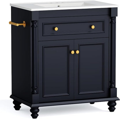 YESHOMY 30" Bathroom Vanity with Sink, Bathroom Storage Cabinet | Bathroom Vanity, Solid Wood, Integrated Ceramic Basin, 1 Flip-Down Drawer, 2 Doors & Adjustable Shelf, Dark Blue