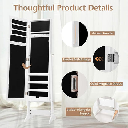 MAT EXPERT Jewelry Armoire Cabinet w/Full-Length Mirror, Jewelry Organizer Standing Mirror w/ 4 Shelves, 3 Adjustable Tilt Angles, Anti-toppling Device, Jewelry Cabinet for Bedroom, Living Room, White