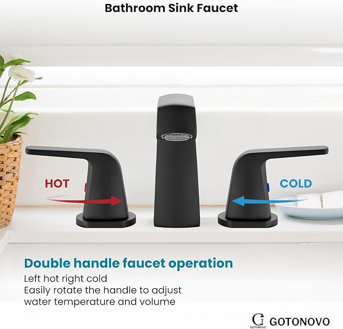 gotonovo Bathroom Sink Faucet 3 Holes 2 Handles Widespread 8 Inch Bathroom Faucet with Pop Up Drain Hot Cold Water Supply Lines Lavatory Vanity Mixer Tap, Thick Style, Matte Black