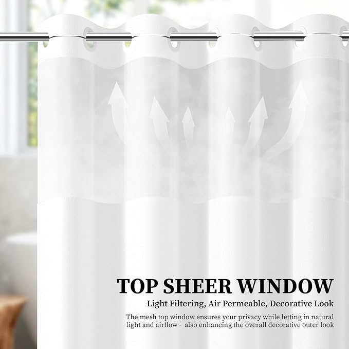 White Ringless Linen Textured Shower Curtain with Snap in Liner, 72x75 | 3 in 1 Hotel Shower Curtain Set, Removable Liner, Waterproof & Washable, Mesh Top Window, Durable Fabric, Easy to Install