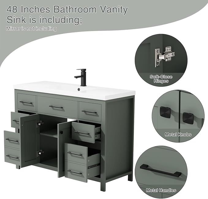 LUCKWIND 48" Modern Bathroom Vanity with Sink Combo, Contemporary Painted Storage Cabinet and Single White Sink, Include Soft-Closing Doors & Matte Black Faucet, Green