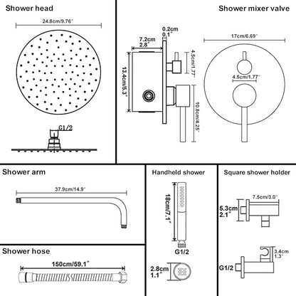 BESy Shower System with 10 Inch Round Rain Shower Head and Handheld Wall Mounted, High Pressure Rainfall Heads Shower Faucet Fixture Combo Set with 2 in 1 Spray Showerhead for Bathroom, Black