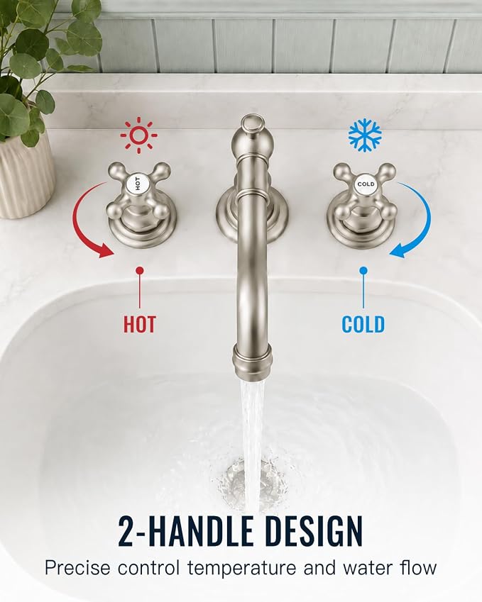 gotonovo Bathroom Faucet 3 Hole Vintage, Brushed Nickel, Hot Cold Label | Widespread Bathroom Sink Faucet 8 Inch 2 Cross Handles,Pop Up Drain,cUPC Supply Line,4-15.7” Install,for Vanity Farmhouse RV
