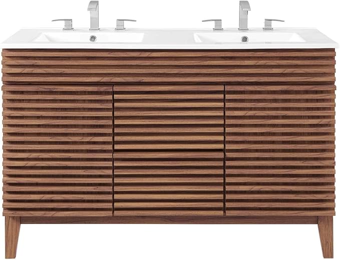 Pemberly Row 48" Modern Wood Double Sink Bathroom Vanity, Walnut/White Finish, MDF and Particleboard Construction, Ceramic Sink Basin, Mid-Century Style, Tapered Legs, Ample Storage for Bathroom Use