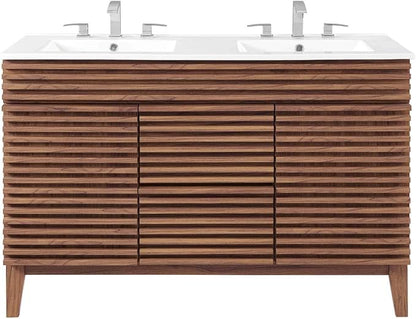 Pemberly Row 48" Modern Wood Double Sink Bathroom Vanity, Walnut/White Finish, MDF and Particleboard Construction, Ceramic Sink Basin, Mid-Century Style, Tapered Legs, Ample Storage for Bathroom Use