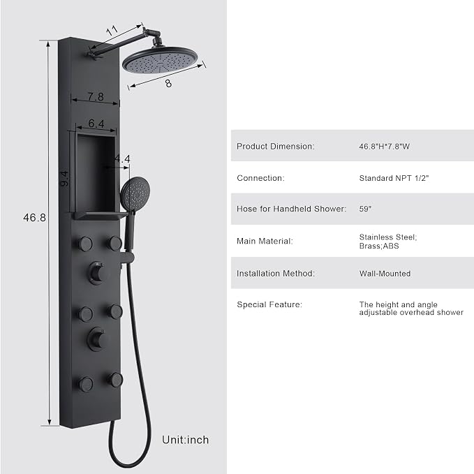 PF Shower Panel Tower Adjustable Shower Arm Height Rainfall Head System | Stainless Steel Shower Panel with Shelf and 6 Body Massage Jets Bathroom Black Shower Column Panels 5-Mode Handheld Shower