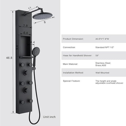 PF Shower Panel Tower Adjustable Shower Arm Height Rainfall Head System | Stainless Steel Shower Panel with Shelf and 6 Body Massage Jets Bathroom Black Shower Column Panels 5-Mode Handheld Shower