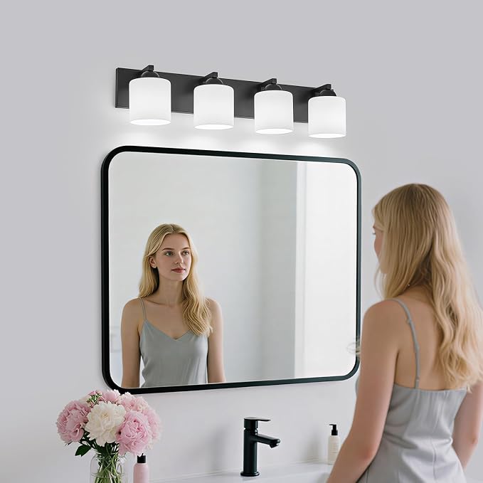 mirrea 4-Light Black Bathroom Vanity Light with White Glass Shades | makeup vanity illumination grooming station light over-sink wall lamp renovate remodel refresh decorate