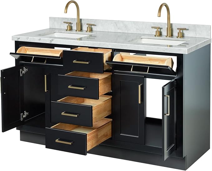ARIEL Hepburn 60-inch Bathroom Vanity with Sink,Solid Wood, 1.5-inch Italian Carrara Marble Countertop, Double Rectangular Porcelain Sink, 4 Soft Closing Doors, 6 Dovetail Drawers, Black