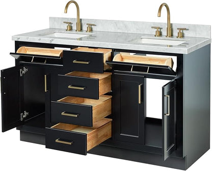 ARIEL Hepburn 60-inch Bathroom Vanity with Sink,Solid Wood, 1.5-inch Italian Carrara Marble Countertop, Double Rectangular Porcelain Sink, 4 Soft Closing Doors, 6 Dovetail Drawers, Black