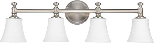 Bathroom Vanity Light Fixtures, Traditional Brushed Nickel 4 Lights Wall Sconce Lighting with Opal Glass Shade, Porch Wall Mount Light Fixture for Bathroom, Mirror Cabinets Hallway Stairs