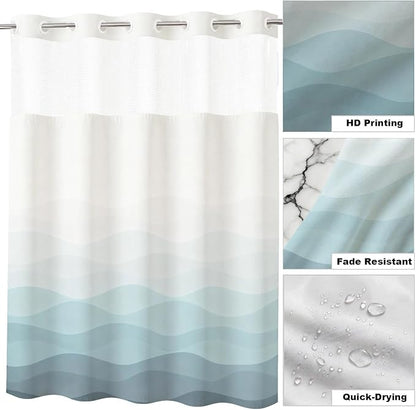 Modern Luxury Striped No Hook Shower Curtain Ocean Abstract Aesthetic | Funky No Hook Shower Curtain with Snap in Liner, Waterproof Ringless Shower Curtains for Bathroom 72x74 Inch Blue