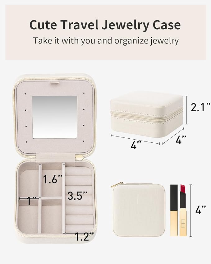 VLANDO Travel Jewelry Case with Mirror, Storage 3 Pairs of Stud Earrings | Necklace Hook for Anti-tangle, Removable Dividers, Waterproof PU Leather,Portable Storage for Rings, Necklace Gifts for Women