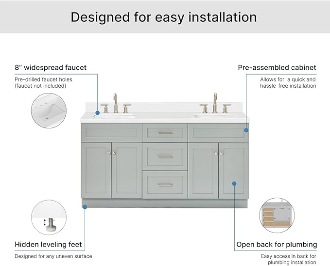 ARIEL Hamlet 66-inch Bathroom Vanity with Sink,Solid Wood, 1.5-inch Pure White Quartz Countertop & Backsplash, Double Rectangular Porcelain Sink, 4 Soft Closing Doors, 3 Dovetail Drawers, Grey