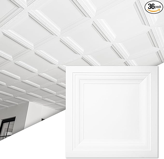 Art3d 36-Pack Square Drop Ceiling Tile 2ft x 2ft in White, PVC Ceiling Panel 24 x 24in. - Covers 144 Sq.,ft., Multi-Pack, Compatible with 15/16" Drop Ceiling Grid System