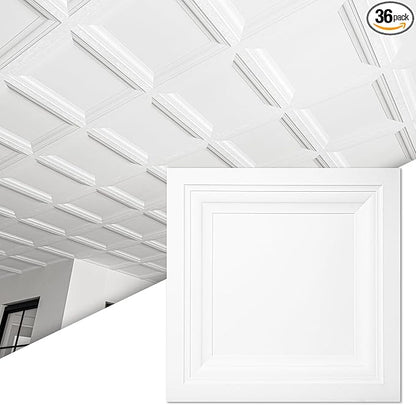 Art3d 36-Pack Square Drop Ceiling Tile 2ft x 2ft in White, PVC Ceiling Panel 24 x 24in. - Covers 144 Sq.,ft., Multi-Pack, Compatible with 15/16" Drop Ceiling Grid System