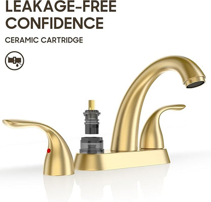 Phiestina Brushed Gold 4 Inch Centerset 2 or 3 Holes 2 Handle Bathroom Faucet, Bathroom Faucet with Copper Pop Up Drain and Water Supply Lines, BF008-5-BG
